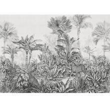 Illustration einer Dschungelszene mit Palmen, Bananenstauden, tropischen Pflanzen und zwei Leoparden