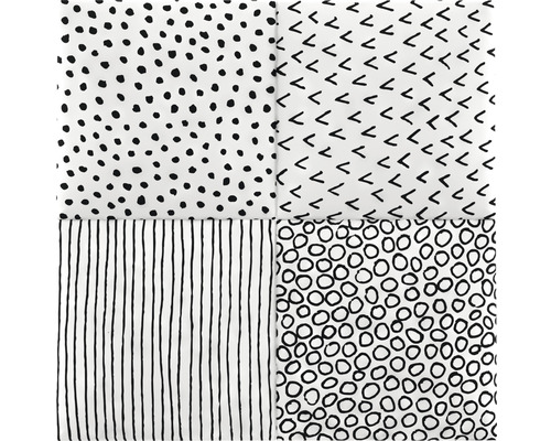 Quadratisches Stoffmuster mit Punkten, Strichen, Haken und Kreisen