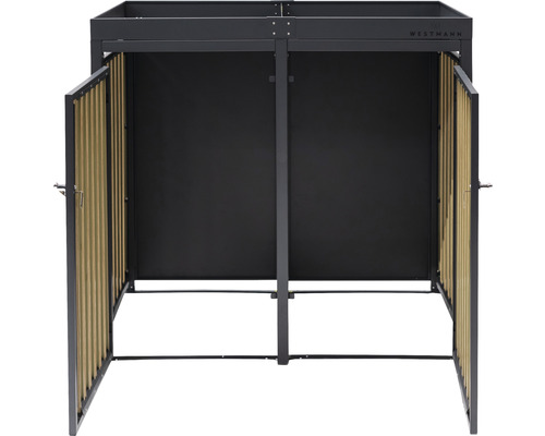 Mülltonnenbox mit zwei offenen Türen und Westhmann Logo