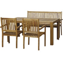 Gartensitzgruppe aus Holz mit Tisch, Bank und Stühlen
