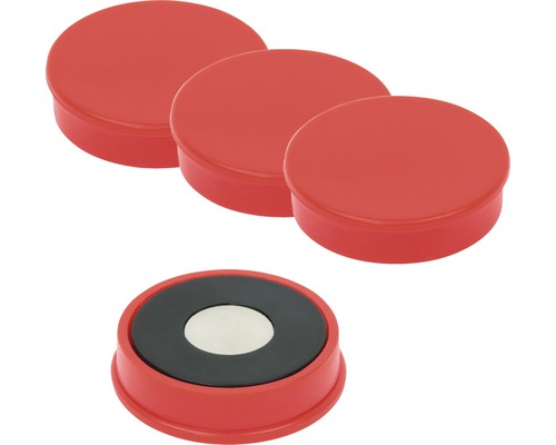 Vier runde Magnete mit Kunststoffgehäuse