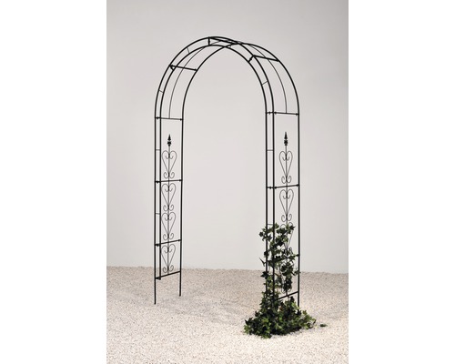 Schwarze Rosenbogen-Gartenlaube mit Herzmuster und Kletterpflanze.