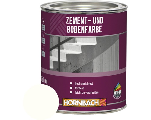 HORNBACH Zementfarbe Bodenfarbe weiß 750 ml Farbe für Zement und Böden im Farbeimer mit Farbbeispiel und Hornbach Logo