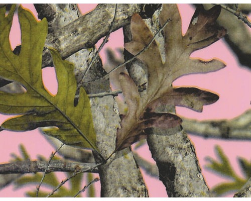 Wassertransferdruck Folie Camouflage CA-R-062 natur 100 x 50 cm Detailaufnahme eines Stoffes mit pinkfarbenem Camouflage Muster aus Ästen und Blättern