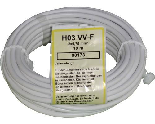 Weiße H03 VV-F Elektroleitung, 2x0,75 mm², 10 Meter