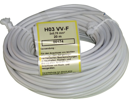Weiße Elektroinstallationsleitung H03 VV-F, 2x0,75 mm², 20 Meter Ring