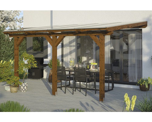 Terrassenüberdachung SKAN HOLZ Andria 434x250 cm nußbaum Überdachte Terrasse mit Holzbalken, Tisch und Stühlen im Garten