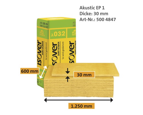 Isover Akustic EP 1 Dämmplatte, 30 mm dick, Abmessungen 600 x 1250 mm