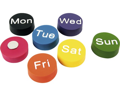 Sieben runde Magnete mit den Wochentagen