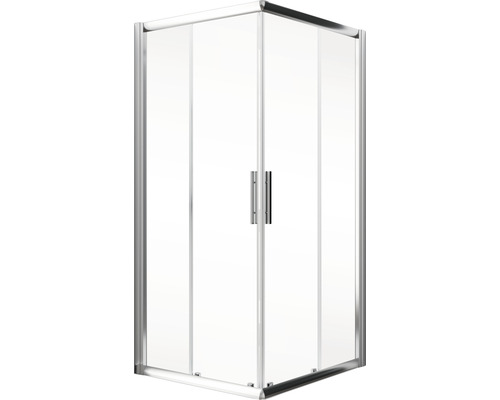 Eckdusche mit klaren Glaspaneelen und silberfarbenem Rahmen