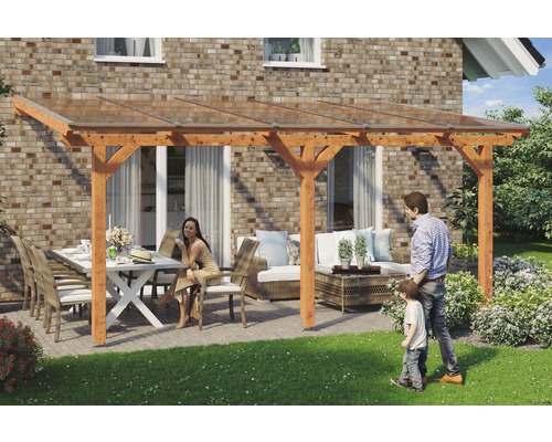 Terrassenüberdachung SKAN HOLZ Andria 541x250 cm eiche hell Familie unter einem Holzterrasse mit Glasdach und Gartenmöbeln.