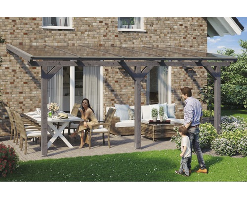 Terrassenüberdachung SKAN HOLZ Andria 541x400 cm schiefergrau Überdachte Terrasse mit Sitzgruppe und Familie im Garten