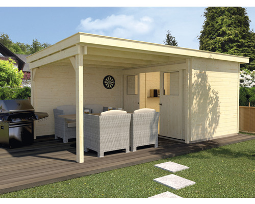 Gartenhaus weka Man Cave Play & Relax Gr.3 mit Fußboden und seitlicher Überdachung 619 x 336 cm natur