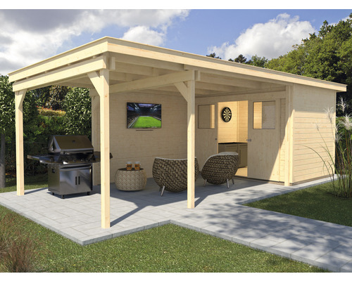 Gartenhaus weka Man Cave Play & Relax Gr.4 mit Fußboden und seitlicher Überdachung 737 x 299 cm natur-0