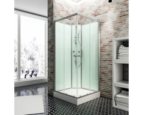 Komplettdusche SCHULTE Korfu 89 x 89 x 202 cm alu-natur Eckdusche mit Duschkopf, Armaturen und Duschwanne in einem Badezimmer mit gefliesten Wänden