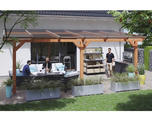 Terrassenüberdachung SKAN HOLZ Andria 648x250 cm eiche hell Überdachte Terrasse mit Holzkonstruktion, Gartenmöbeln, Grill und Pflanzkästen für ein gemütliches Ambiente im Freien.