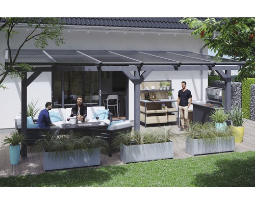Terrassenüberdachung SKAN HOLZ Andria 648x300 cm schiefergrau Terrasse mit Grillplatz unter einer Überdachung mit Sitzgelegenheit