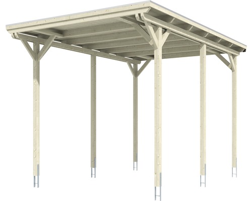 Holzcarport mit Flachdach zur Überdachung von Fahrzeugen.