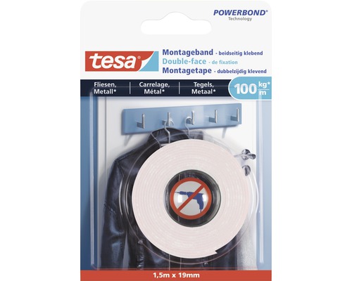 Tesa Powerbond Montageband für Fliesen und Metall, 1,5 Meter mal 19 Millimeter