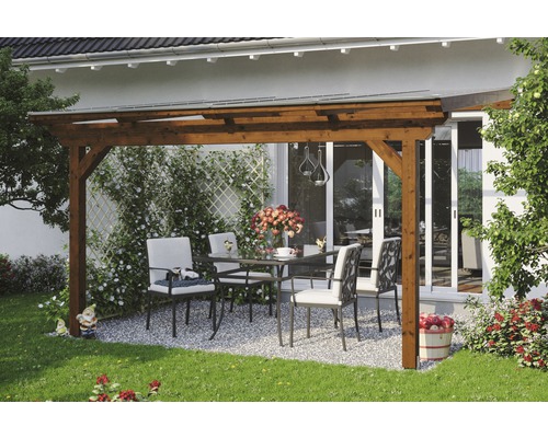 Terrassenüberdachung SKAN HOLZ Ancona 434x350 cm nußbaum Holzpergola mit Sitzgruppe im Garten