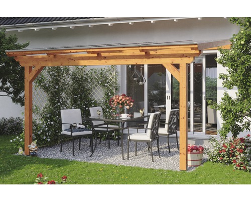 Terrassenüberdachung SKAN HOLZ Ancona 434x350 cm eiche hell Holzpergola mit Gartentisch und Stühlen im Außenbereich