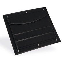 Schwarze Werkzeugtasche mit mehreren Fächern und Ösen zur Aufhängung.