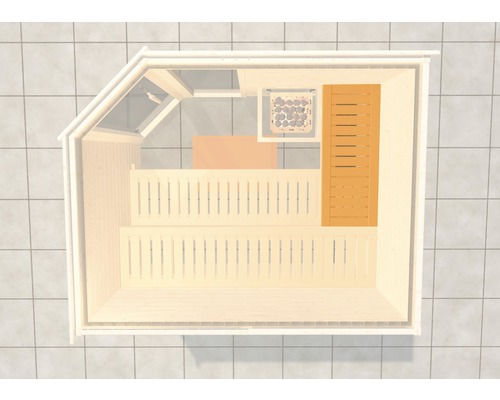 Sauna Querliege Weka 74x50 cm für Saunatiefe 144x148 cm Draufsicht einer Sauna mit Holzbänken, Saunaofen und Tür