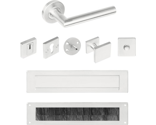 Haustür Rosetten Beschlagset eckig PZ Edelstahl mit Türgriff/Knopf Türklingel Briefkastenschlitz + Zugluftstopper Haustür Rosetten Beschlagset eckig PZ Edelstahl mit Türgriff/Knopf Türklingel Briefkastenschlitz + Zugluftstopper
