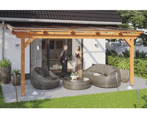 Terrassenüberdachung SKAN HOLZ Ancona 541x350 cm eiche hell Überdachte Terrasse mit Holzkonstruktion und Sitzgruppe