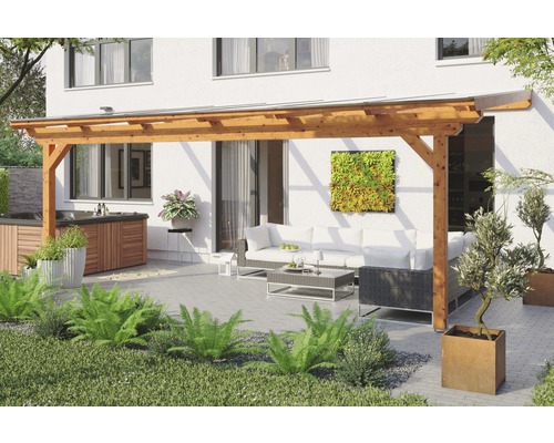 Terrassenüberdachung SKAN HOLZ Ancona 648x250 cm eiche hell Terrasse mit Holzterrasse, Sitzgruppe und Whirlpool an einem hellen Tag.
