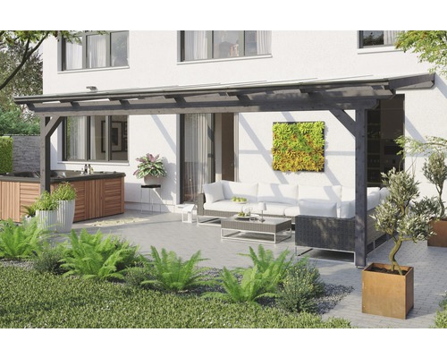 Terrassenüberdachung SKAN HOLZ Ancona 648x350 cm schiefergrau Terrasse mit Gartenmöbeln, Whirlpool und Überdachung