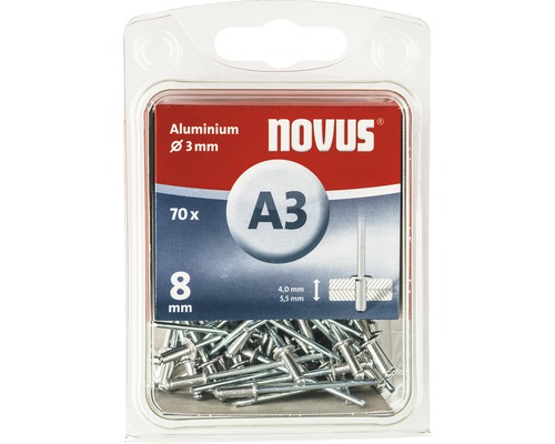Novus Blindnieten A3, Aluminium, 3 mm Durchmesser, 8 mm Länge, 70 Stück