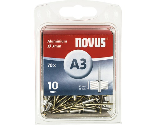Novus Blindnieten A3 Aluminium, Durchmesser 3 mm, 70 Stück