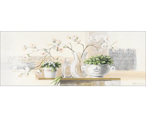 Gemälde mit Blumen, Vase und Topfpflanzen auf einem Regal