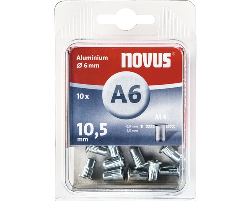 Novus Blindnietmutter M4 Ø6x10,5 mm Nietmutter Aluminium 10er Pack Packung mit zehn Aluminium Blindnieten, Durchmesser sechs Millimeter, Länge 10,5 Millimeter von Novus