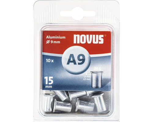 Novus Blindnietmutter M6 Ø9x15 mm Nietmutter Aluminium 10er Pack Novus A9 Blindnieten aus Aluminium, Durchmesser 9 mm, 10 Stück