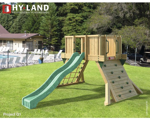 Spielturm Hyland Projekt Q1 Holz mit Kletterwand, Rutsche grün Spielplatzgerät mit Rutsche, Kletterwand und Plattform für den Außenbereich