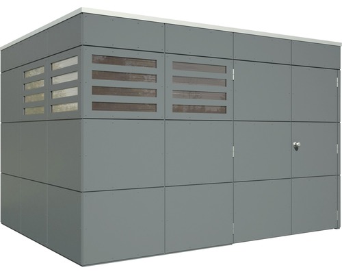 Grauer Geräteschuppen mit Tür und Fenstern