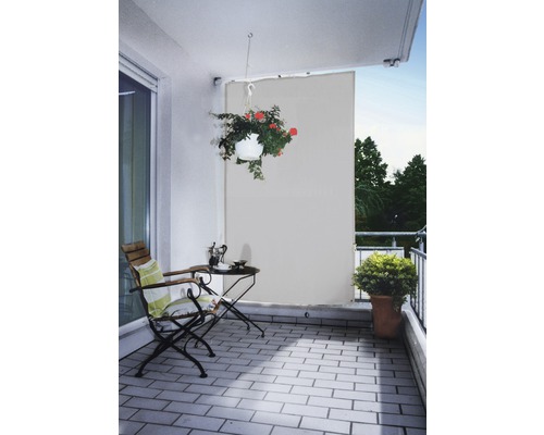 Senkrecht-Sonnensegel hellgrau mit Regenschutz 230x140cm Balkon mit Sichtschutzrollo, Tisch, Stuhl und Dekoration