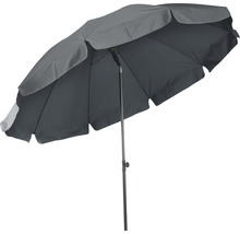Grauer Sonnenschirm mit Metallständer.