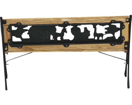 Dekorative Holzbank mit Tierornamenten aus Metall und Metallbeinen.