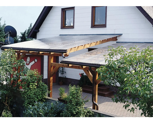 Gutta Acryl Wellplatte Sinus 76/18 glasklar schlagzäh 2000 mm x 1045 mm x 1,5 mm Doppelcarport aus Holz mit transparenter Bedachung am Haus