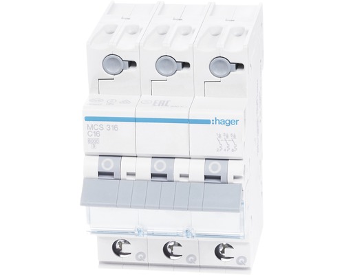 Hager MCS 316 16A Leitungsschutzschalter C 6 kA 3-polig Quick Connect 3 Module Hager Leitungsschutzschalter C16 3-polig