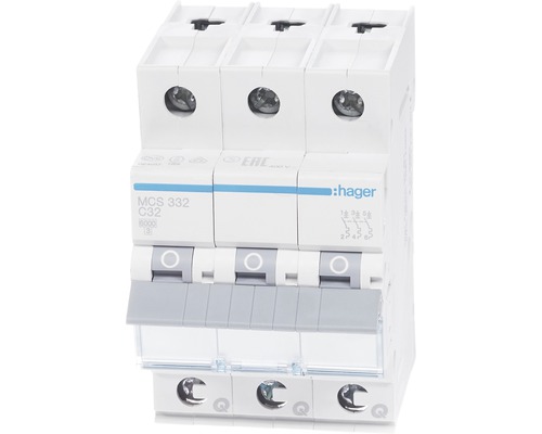 Hager MCS 332 32A Leitungsschutzschalter C 6 kA 3-polig Quick Connect 3 Module Dreipoliger Leitungsschutzschalter von Hager