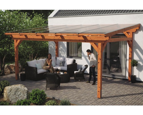 Terrassenüberdachung SKAN HOLZ Sanremo 541x250 cm eiche hell Überdachte Terrasse mit Holzkonstruktion und Sitzgruppe