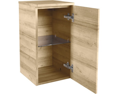 Holzfarbener Badschrank mit Glastür und Regalböden