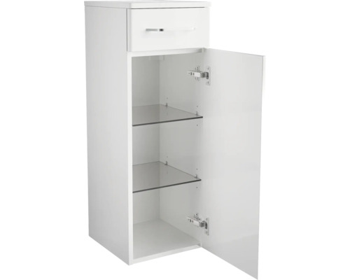 Weißer Badezimmerschrank mit Schublade und offener Tür, der zwei Glasböden zeigt.