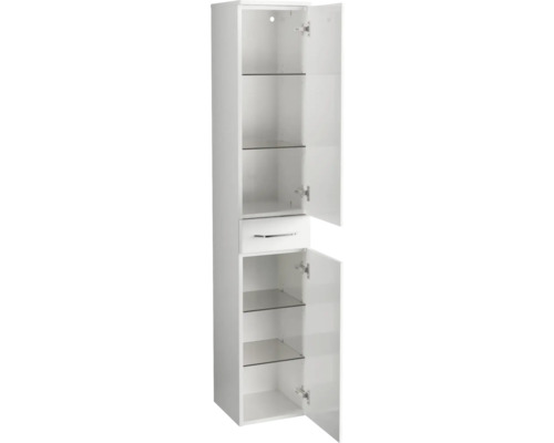 Weißer Badhochschrank mit Schublade und Glasböden