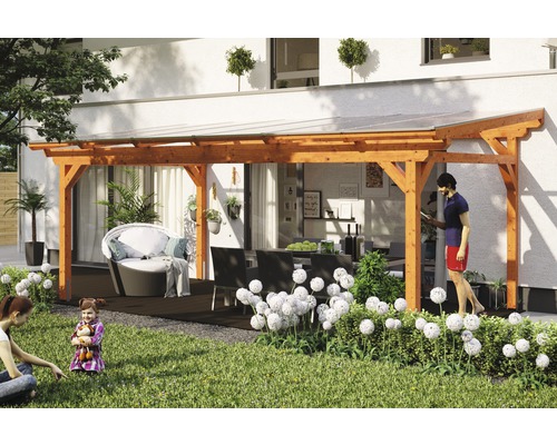 Terrassenüberdachung SKAN HOLZ Sanremo 648x300 cm eiche hell Terrasse mit Holzüberdachung, Gartenmöbeln und dekorativen Pflanzen für einen hellen und einladenden Aussenbereich.