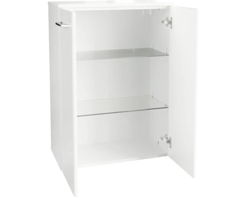 Weißer Unterschrank mit zwei Glasböden und geöffneten Türen